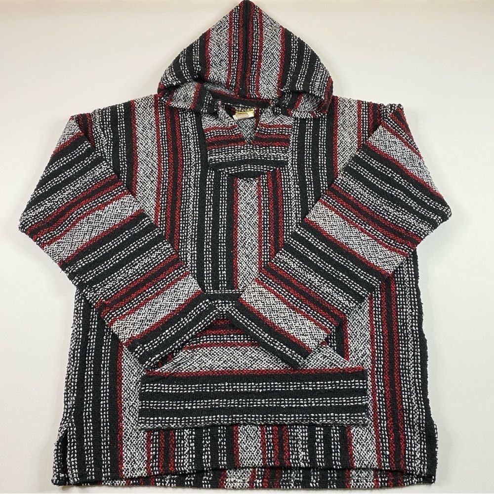 Poncho Hoodie Jacket Men's XL Red Black‎ Stripes Mexican Baja Drug Rug Hippie